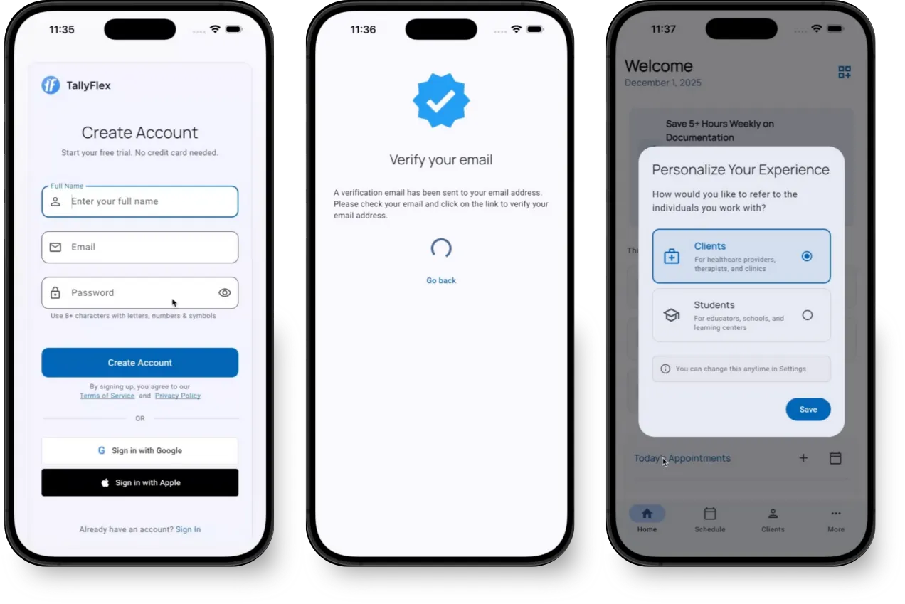 Account creation flow showing sign up, email verification, and terminology selection