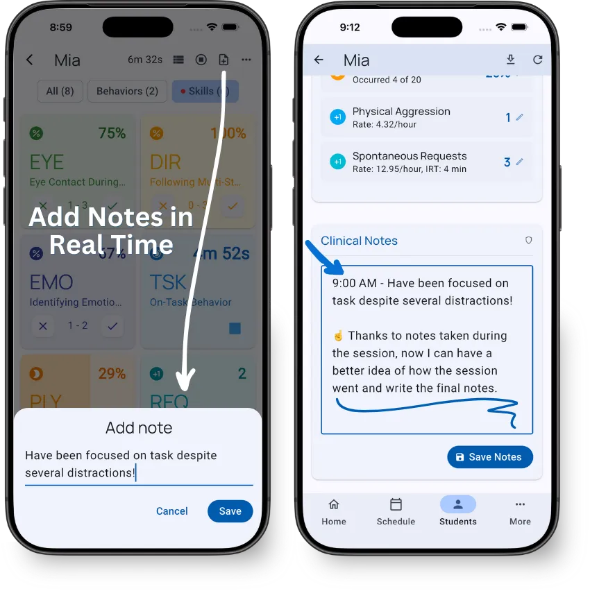 Notes interface showing text input area and timestamped notes list