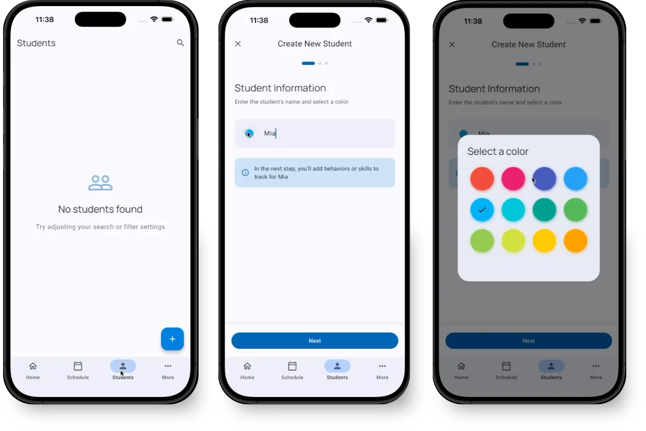 Student creation wizard showing name, color picker, and next button