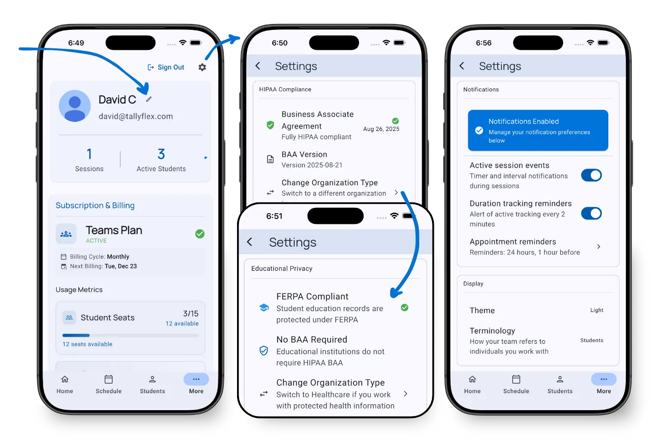 Profile settings showing terminology, organization type, and BAA options