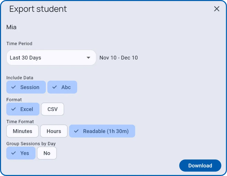 Export dialog with all options