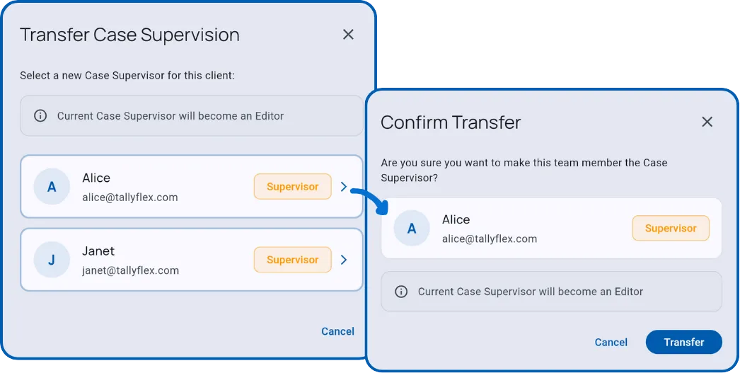 Transfer Case Supervision dialog with eligible supervisors
