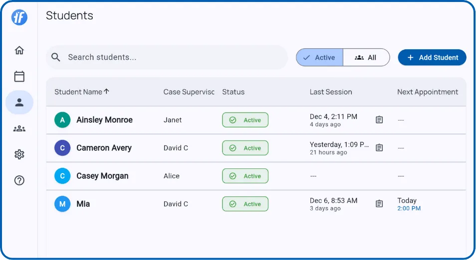 Client list showing names, status, last session, and next appointment
