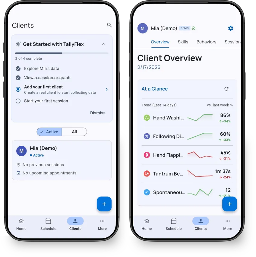 Onboarding checklist with Mia in client list and Mia's client overview with sparkline trends
