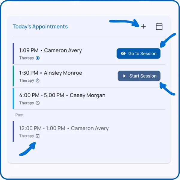 Today's Appointments section showing active, upcoming, and missed appointments