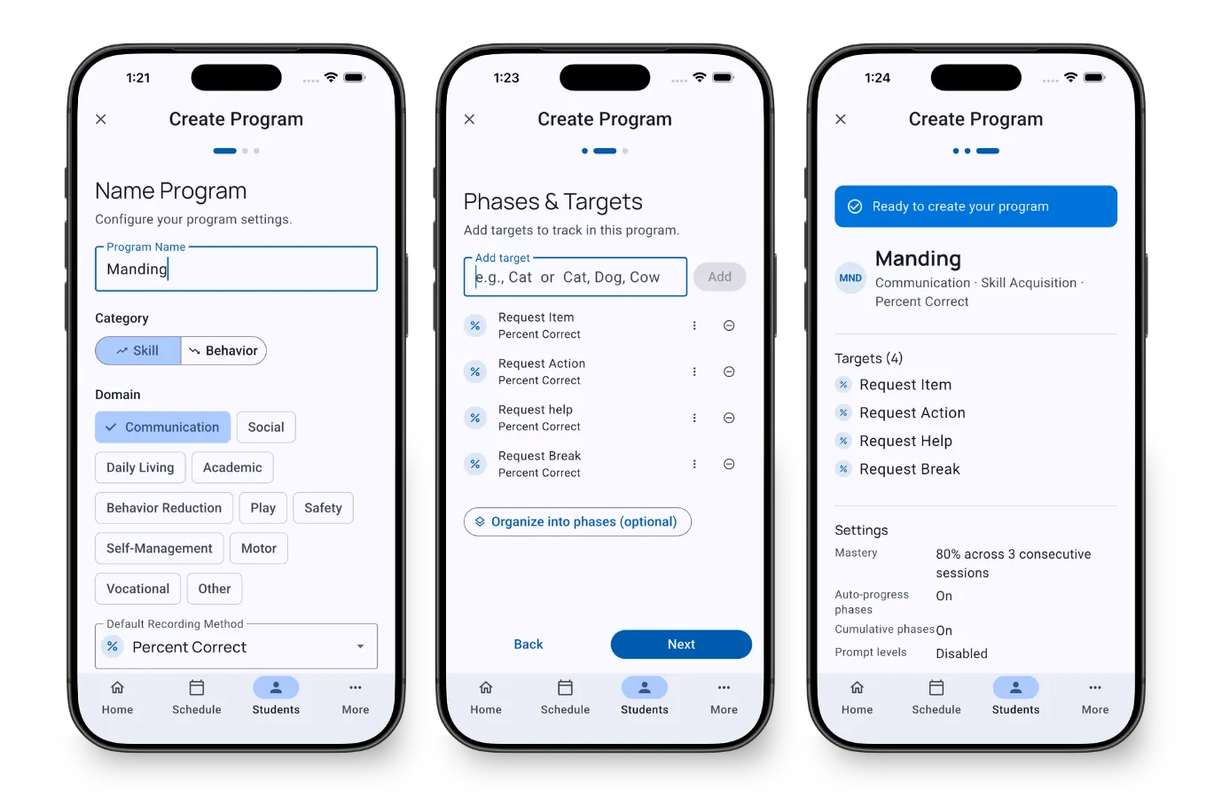 Three-step program creation wizard showing name and settings, phases and targets, and confirmation