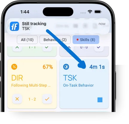 Duration tracking notifications showing "Still tracking" and "1 tracker running" alerts