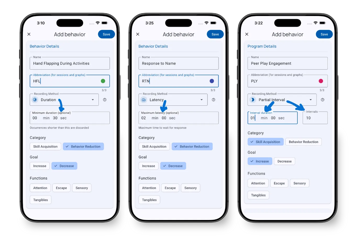 Duration recording settings showing minimum threshold