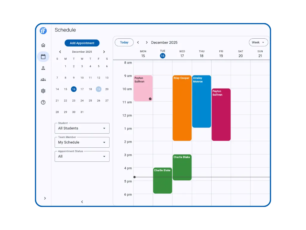 Schedule showing week view with appointments