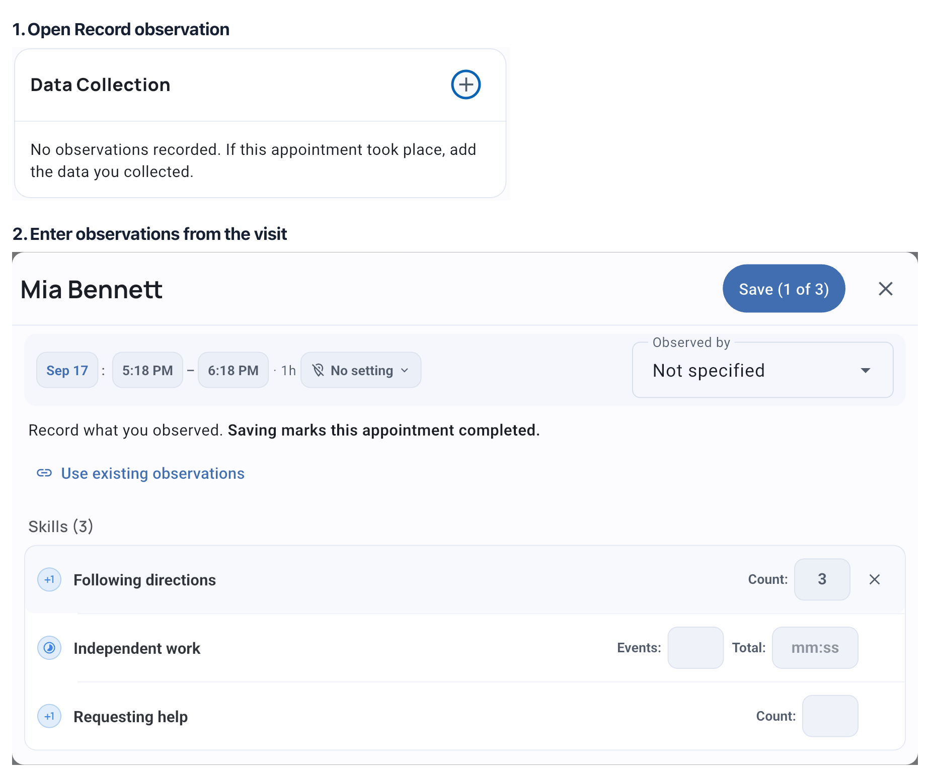 Record observation in a past appointment and the filled observation form