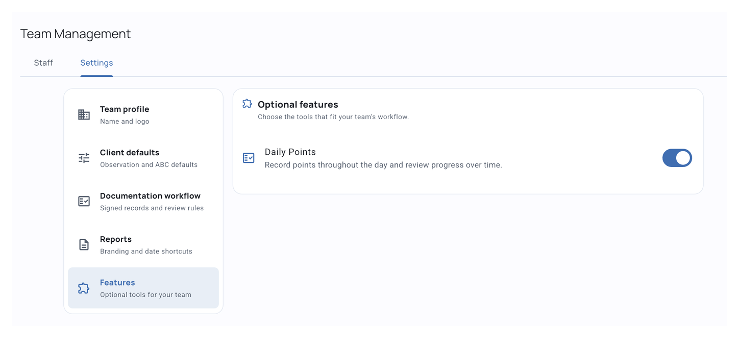 Team Settings with the Daily Points optional feature enabled