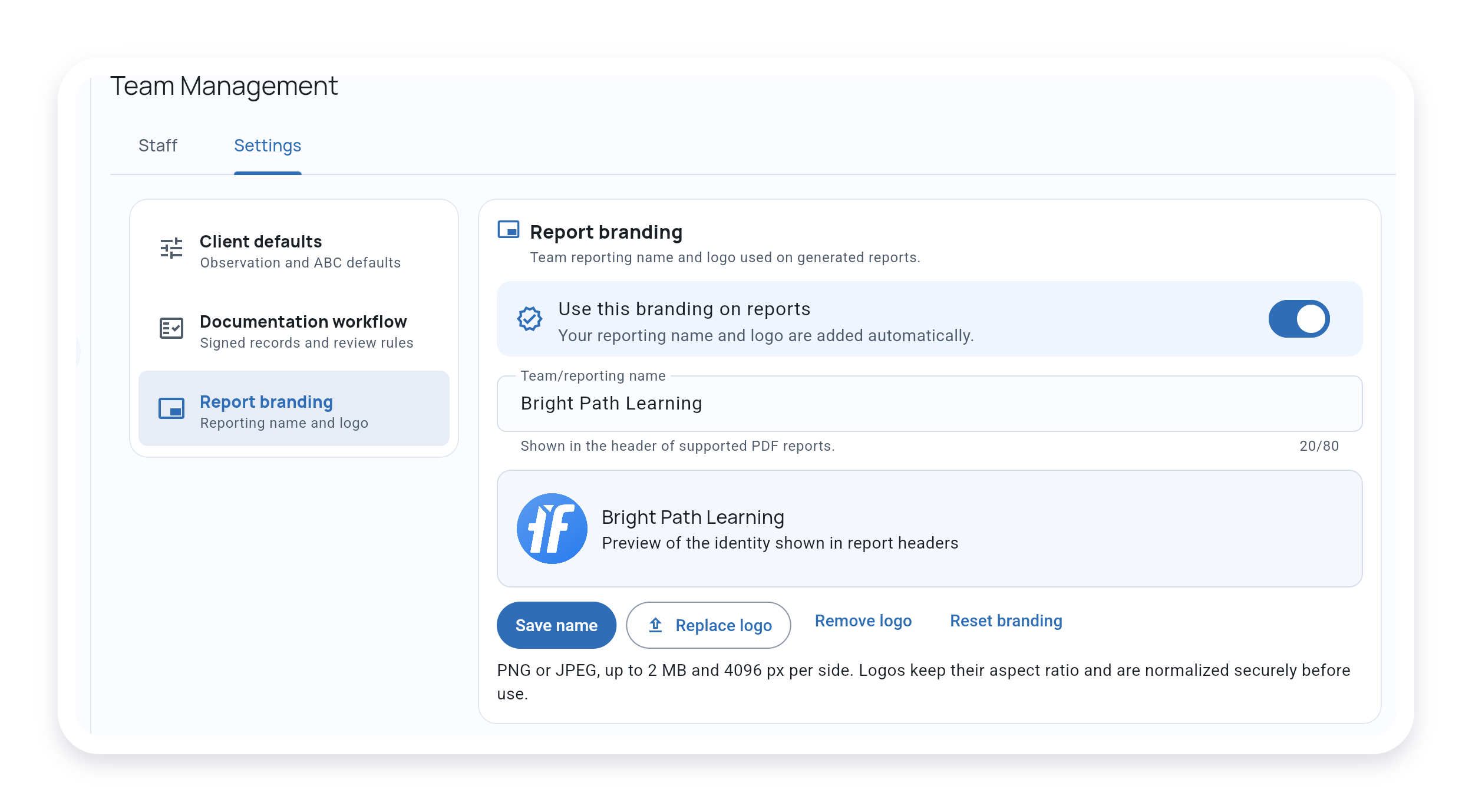 Team report branding settings with a reporting name and logo preview
