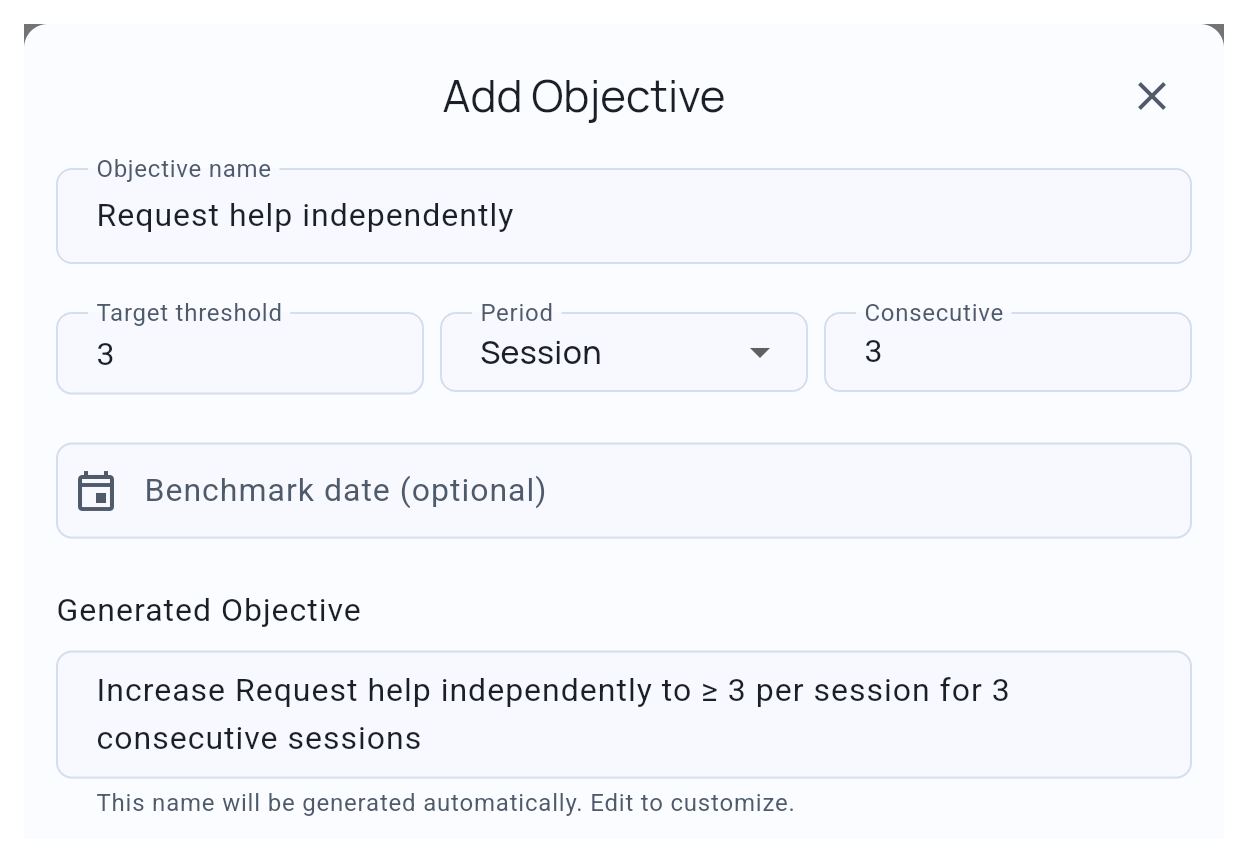 Add Objective showing a frequency threshold, consecutive sessions, and optional benchmark date