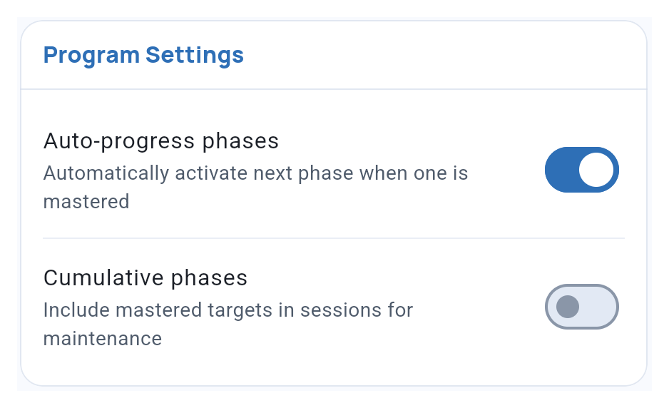 Program Settings with Auto-progress phases enabled and Cumulative phases off