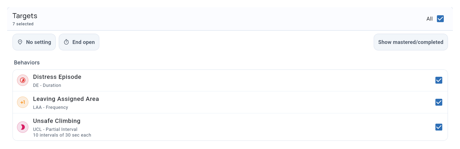 Session setup showing current targets selected for collection