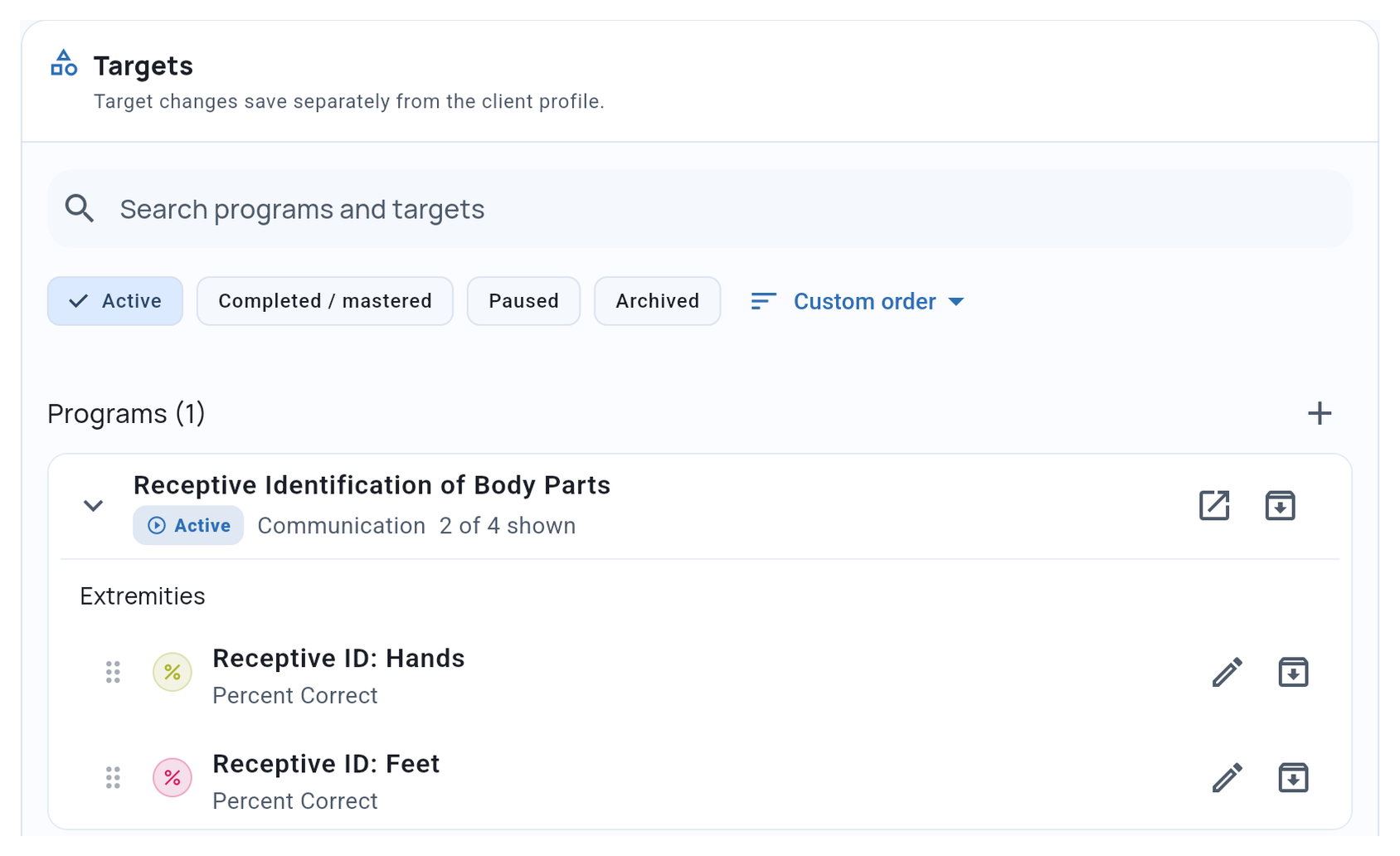 Target management showing current work and status filters