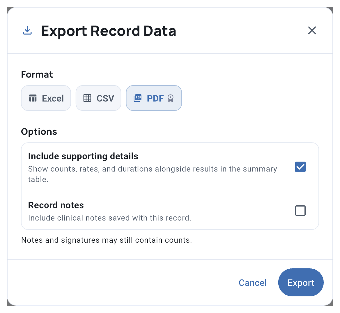 Service Record PDF export options with supporting details and record notes