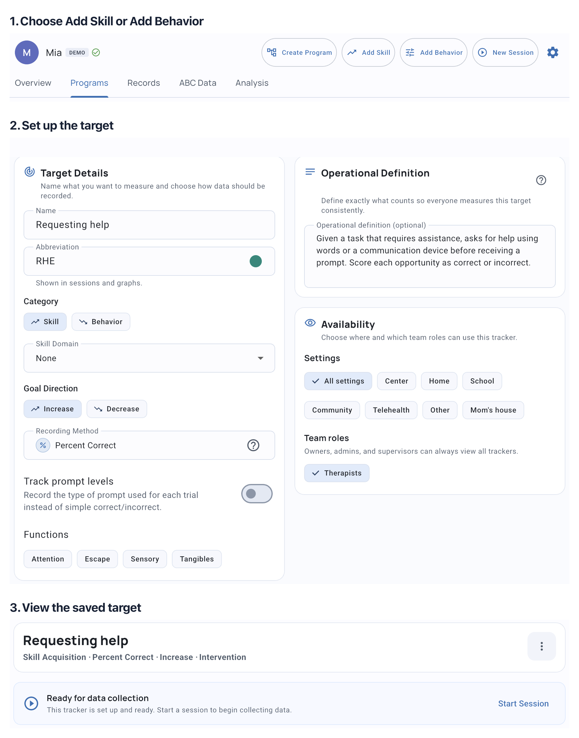 Add Skill and Add Behavior actions, a filled target form, and the saved target